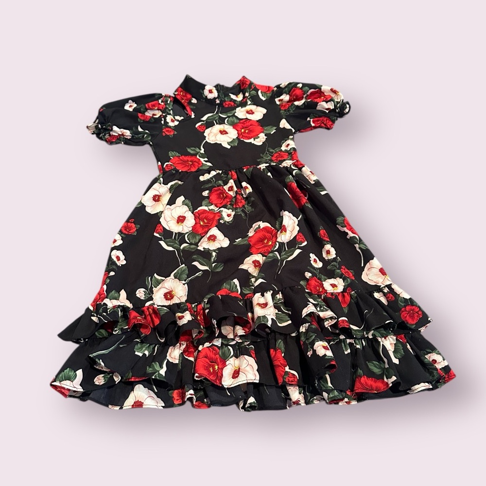Girls Red And Black Dream Floral Dress with Ruffle Accents And Cut Out Sz 4